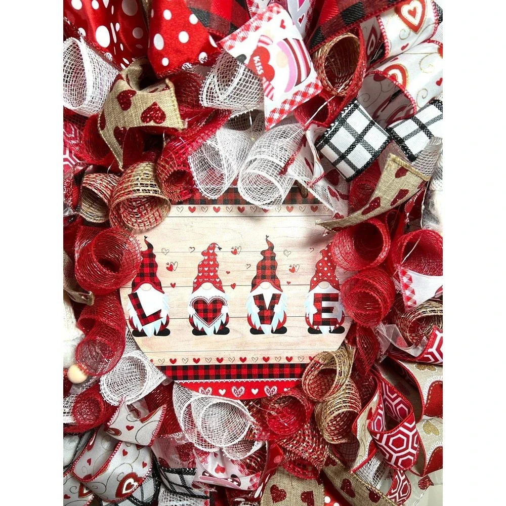 Handmade Valentine’s Gnome LOVE Ribbon Prelit Wreath 22 ins LED W11